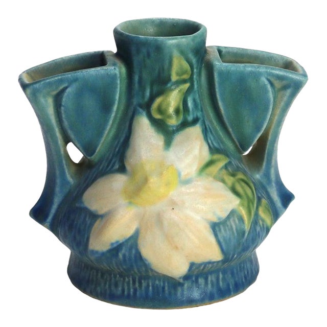 Roseville Art Pottery Blue Flower Frog With Clematis Pattern Mid 20th Century For Sale