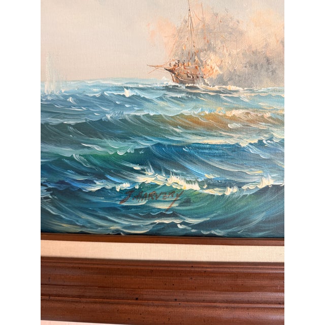 1950s J. Harvey Naval Battle Maritime Oil on Canvas Painting For Sale - Image 10 of 12