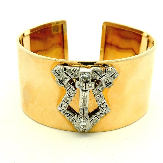 1930s Art Deco Diamond Platinum & 14k Gold Wide Marriage Cuff Bracelet For Sale - Image 11 of 15