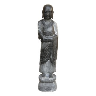 Chinese Weathered Black Gray Patina Stone Standing Monk Luohan Arhat Statue For Sale