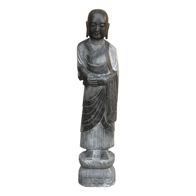 Chinese Weathered Black Gray Patina Stone Standing Monk Luohan Arhat Statue For Sale