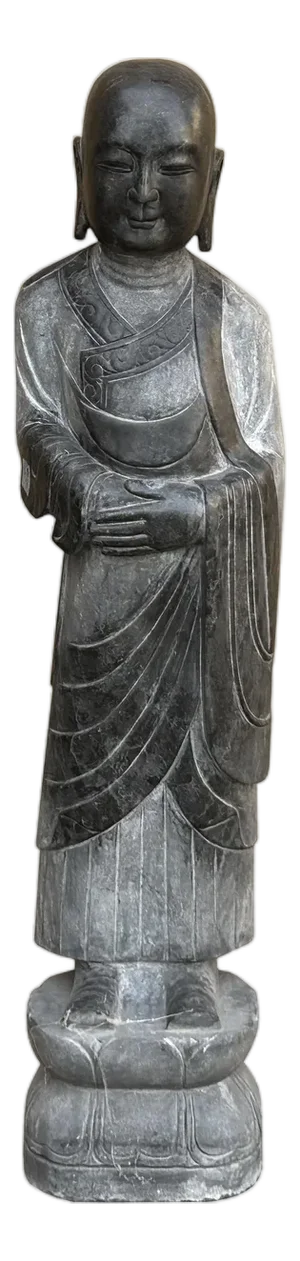 Chinese Weathered Black Gray Patina Stone Standing Monk Luohan Arhat Statue