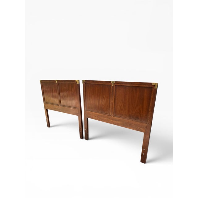 Pair of Henredon Campaign Style Walnut Twin Headboards With Brass Accents For Sale In Boston - Image 6 of 12