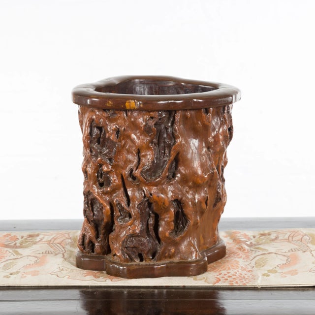 Chinese Rustic Vintage Oval Root Planter with Dark Brown Patina For Sale - Image 4 of 11