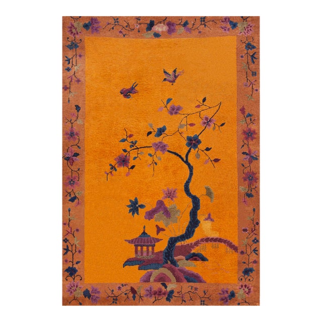 1920s Orange Scene Floral Antique Chinese Art Deco Rug 6'0" X 8'8" Knotted Wool Carpet For Sale