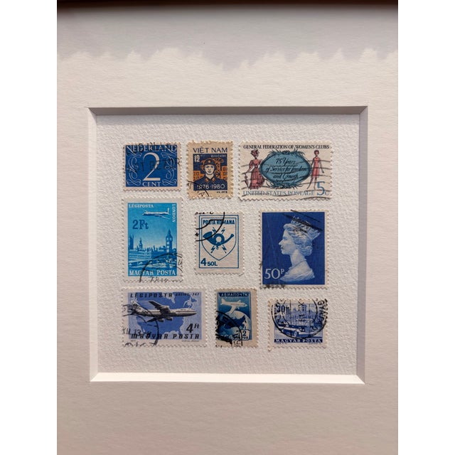 Bassett Furniture Framed Vintage Postage Stamp Collage, Petites Couleurs: Bleu For Sale - Image 4 of 11