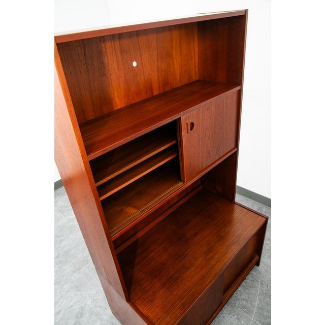 Mid Century Danish Modern Credenza Bookshelf Cabinet Teak Shelves Sliding Doors For Sale - Image 9 of 12