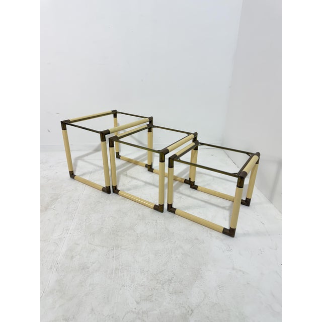 Enameled Metal and Brass Coffee Tables in the style of Tommaso Barbi, 1970, Set of 3 For Sale - Image 15 of 17