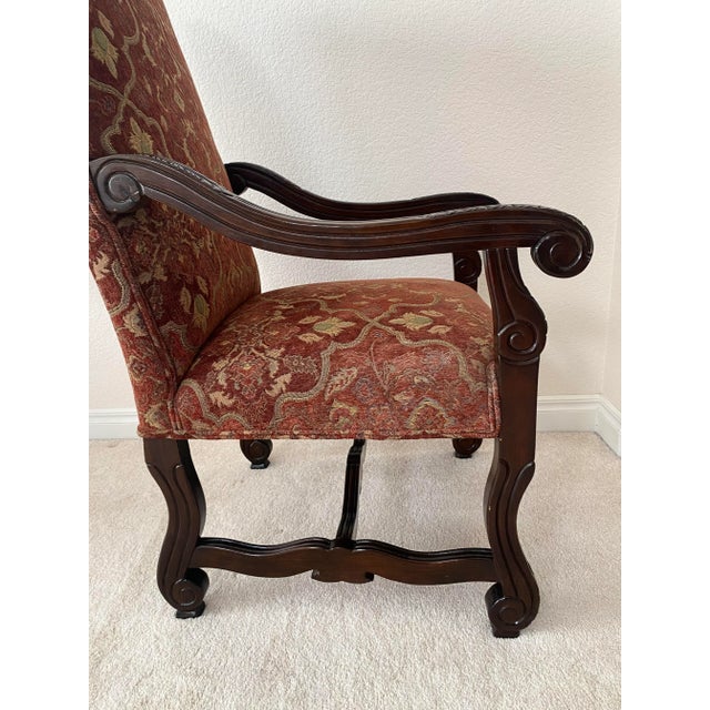 Brown Vintage French Louis XIV Style Throne Carved Open Armchairs Upholstered Seat and Back Excellent Condition For Sale - Image 8 of 17