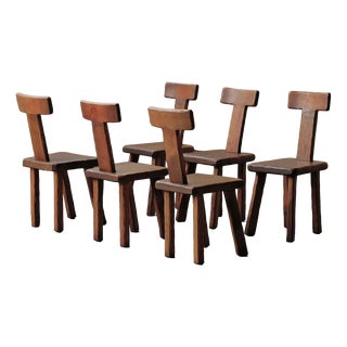 Vintage Brutalist Handcrafted Chestnut Chairs, France, 1970, Set of 6 For Sale
