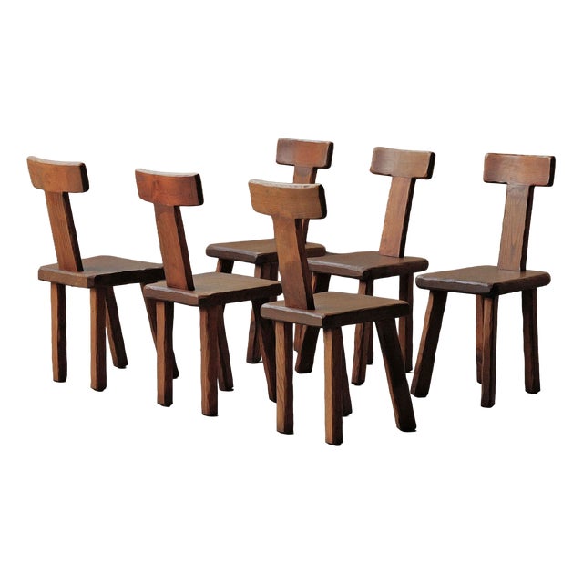 Vintage Brutalist Handcrafted Chestnut Chairs, France, 1970, Set of 6 For Sale