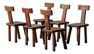 Vintage Brutalist Handcrafted Chestnut Chairs, France, 1970, Set of 6