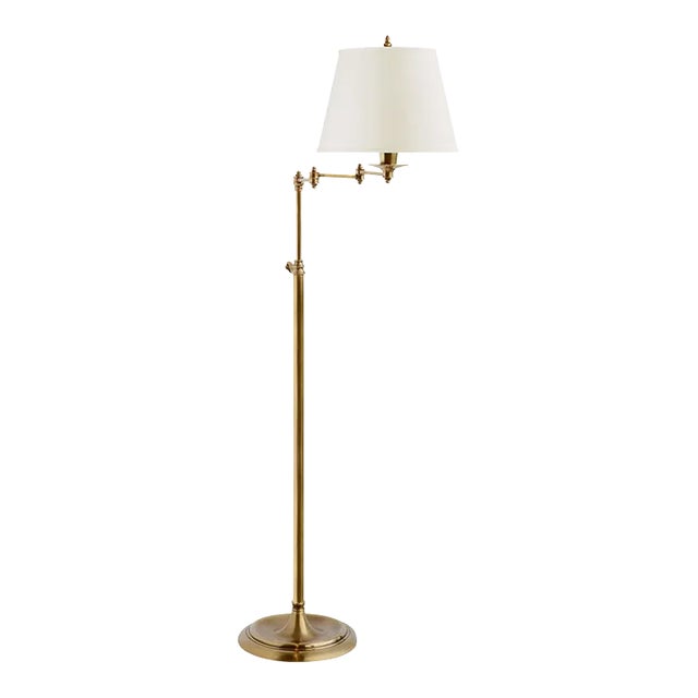Visual Comfort Signature Triple Swing Arm Floor Lamp in Hand-Rubbed Antique Brass with Linen Shade For Sale