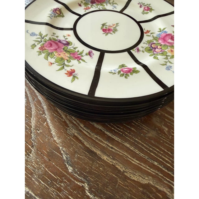 Ceramic 1910s Crown Staffordshire Fine Bone China Salad Plates Black Art Deco Bands With Floral Bouquets – Made in England -Set of Ten For Sale - Image 7 of 9