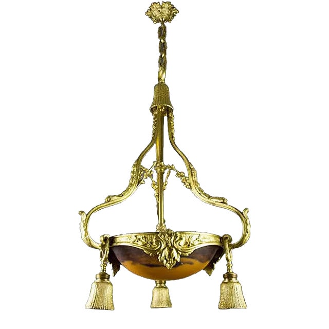 Neoclassical Style Gilt Bronze Chandelier from Verrerie D'Art Degué, 1920s For Sale