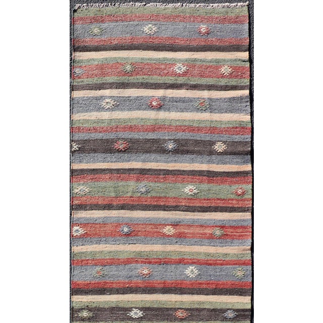 Turkish Vintage Kilim Striped Runner With Tribal Motifs in Copper and Greens For Sale - Image 4 of 11