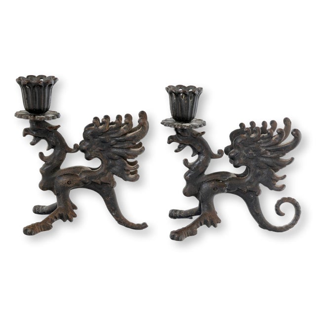 Gothic Pair of Midcentury Cast Iron Dragon Candleholders For Sale - Image 3 of 8