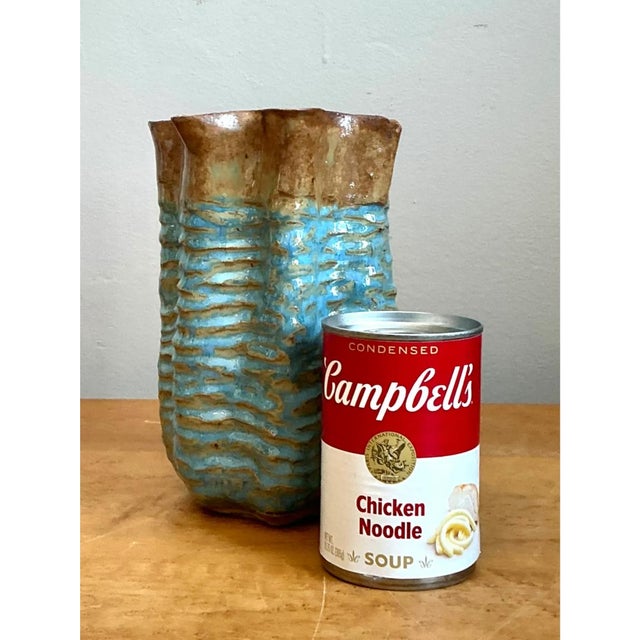 Vintage Textured Blue Ceramic Vase For Sale - Image 9 of 12