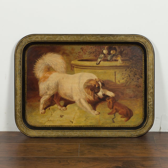 English 19th Century Painted Tôle Tray Depicting Playful Dogs and Turtle Doves For Sale - Image 4 of 11