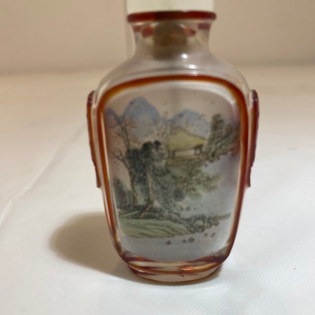 Vintage Asian Square Reverse Painted Crystal Snuff Bottle With Agate Stopper For Sale - Image 11 of 11