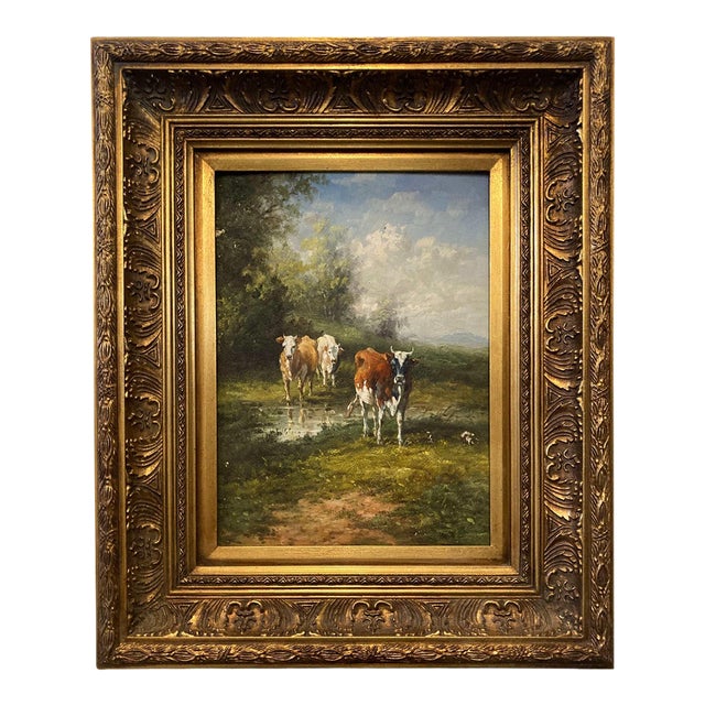 Antique Pastoral Landscape Oil Painting With Cows in Ornate Gilt Frame, 19th-C. For Sale