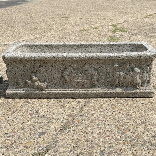 American Vintage Neoclassical Style Concrete Cherub 36" Long Garden Planter Pots - A Pair For Sale - Image 3 of 18