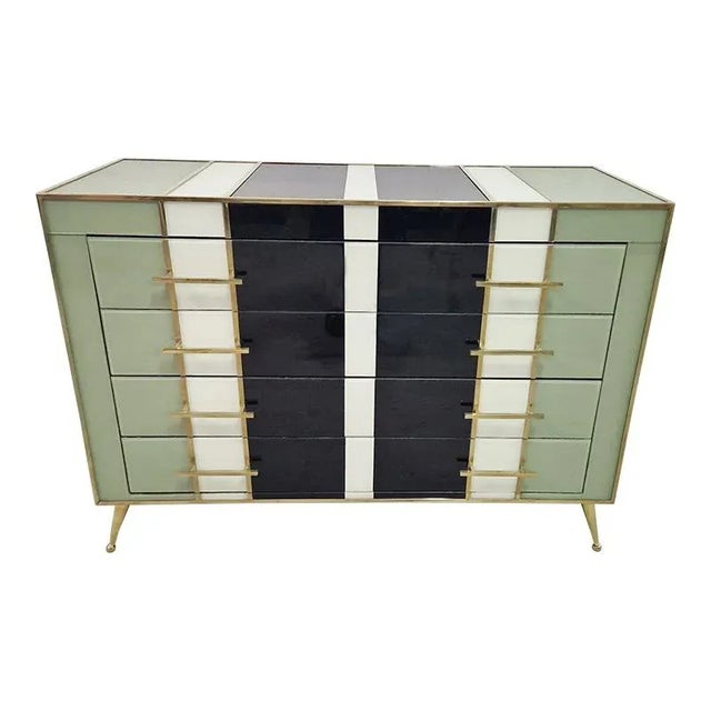 Descase 4 drawers, entirely handmade, with wooden structure, covered in black, green and white glass; 1950s style; Golden...