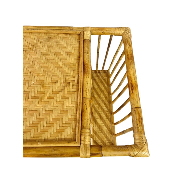 Breakfast in bed tray. Vintage bamboo tray with two side compartments and an inset drink holder. A