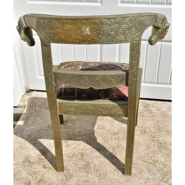 Wood Metal Clad Rams Head Side Chair Anglo Indian Regency Repousse Vintage For Sale - Image 7 of 12