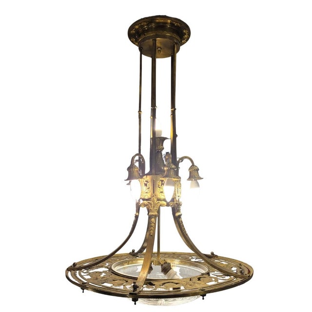 Ceiling Lamp, Gilt Bronze and Frosted Cut Glass, Art Nouveau, 1930s - France Ceiling Lamp / Chandelier Materials: Gilt...