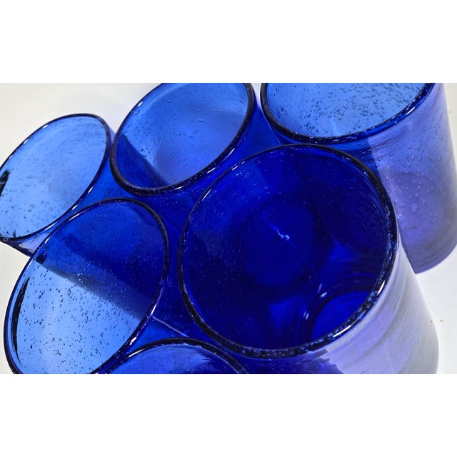 Mediterranean Bubbled Cobalt Tumblers- Set of Six For Sale - Image 3 of 11