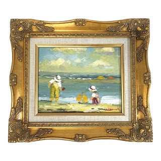 Original Signed Framed Oil Painting on Canvas Depicting a Beach Day For Sale