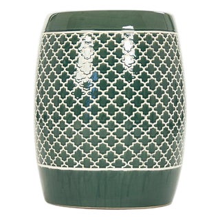 Gable Dark Teal Glaze Quatrefoil Trellis Garden Stool For Sale