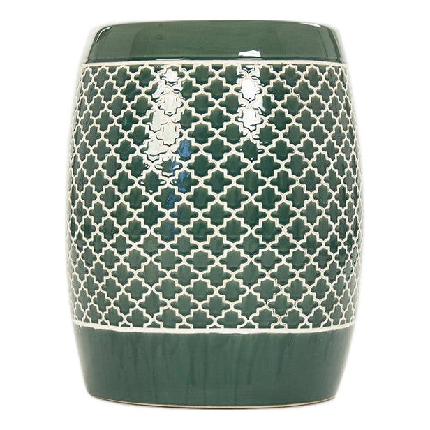 Gable Dark Teal Glaze Quatrefoil Trellis Garden Stool For Sale