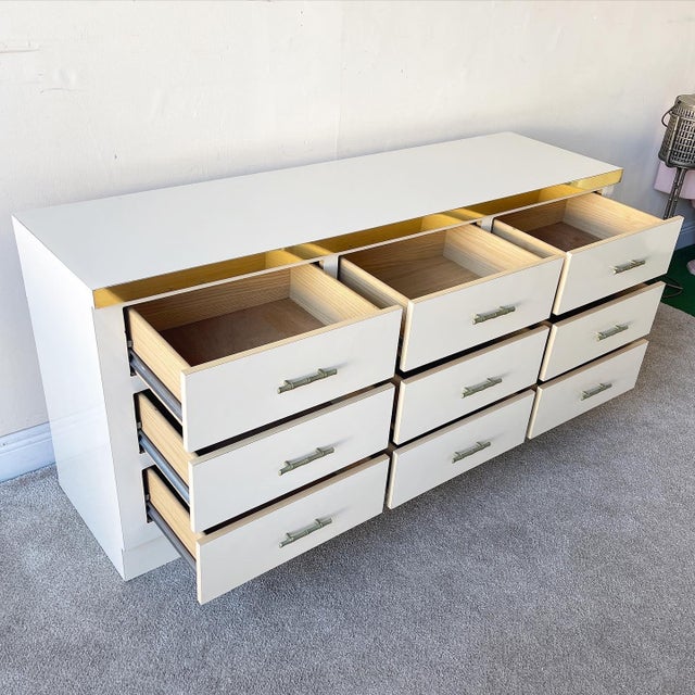 Postmodern Cream Lacquer Laminate Dresser With Gold Paneling and Faux
