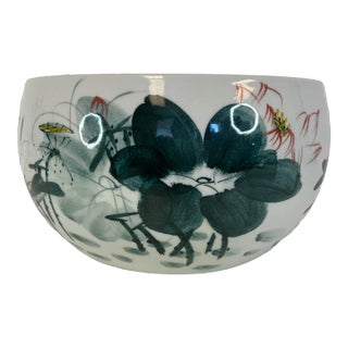 1970s Vintage Chinoiserie Hand Crafted Majolica Japanese Porcelain Fish Bowl Planter, Signed For Sale