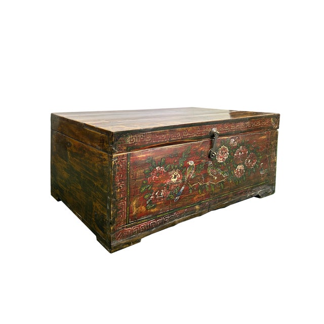 Vintage Rustic Red Brown Floral Bird Rectangular Wood Trunk Chest Table For Sale - Image 4 of 9