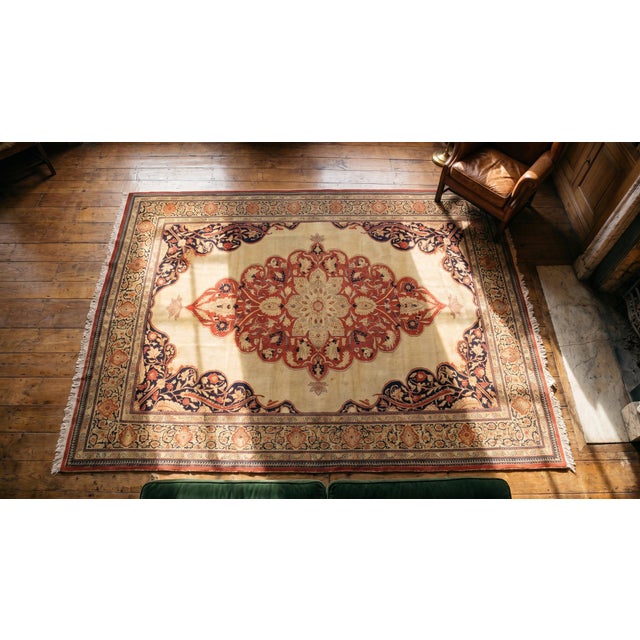 Ivory 1890s Ivory Red Medallion Antique Persian Tabriz Haji Jalili Rug 7' 6" X 11' 0" Handknotted Wool Carpet For Sale - Image 8 of 9