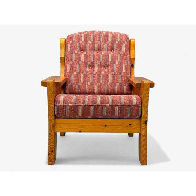 1950s Swedish Modern, Pine, Red Fabric, Brutalist Lounge Chairs, Sweden, 1950s For Sale - Image 5 of 12