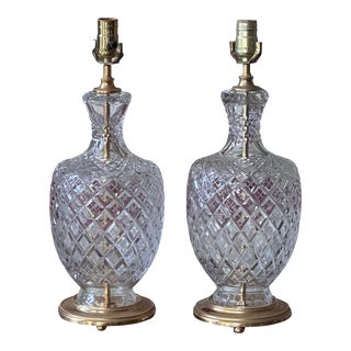 Elegant French Finely Cut Crystal Cyclades Pattern Table Lamps With Fancy Brass Bases - A Pair For Sale