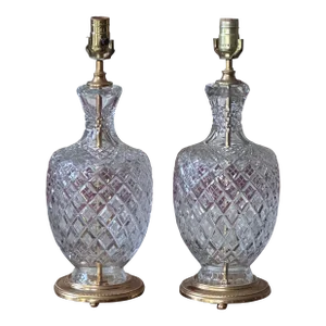 Elegant French Finely Cut Crystal Cyclades Pattern Table Lamps With Fancy Brass Bases - A Pair