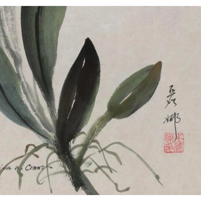 Paint Chinese Watercolor and Ink Floral Paintings by L. Chang a Pair For Sale - Image 7 of 8