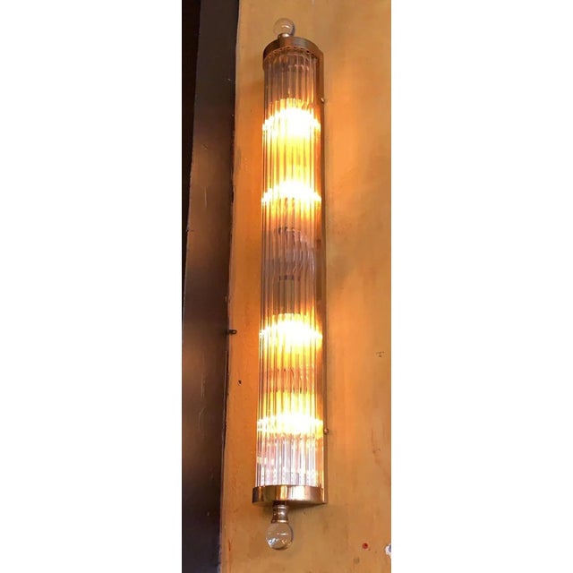 Pair Vintage Art Deco 4 Light Rod Ship Light Wall Sconces Fixture in Nickel Brass & Glass For Sale - Image 4 of 4