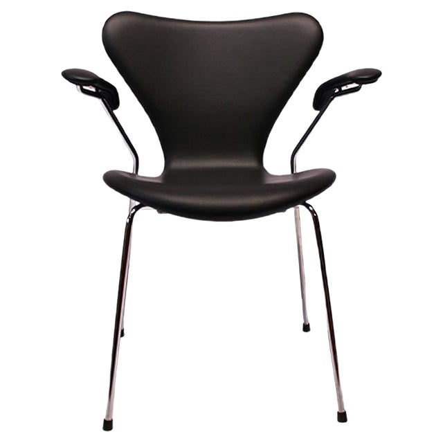 Black Leather Model 3207 Seven Chair by Arne Jacobsen for Fritz Hansen, 1980s For Sale