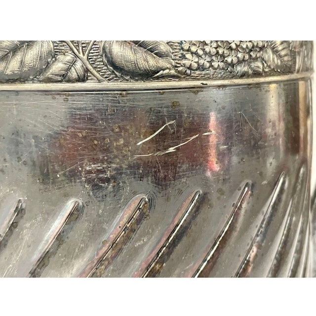 Antique Meriden Silver-Plated Insulated Pitcher 12" – Quadruple Plate 1868 Ceramic Lined Victorian Carafe With Floral Details For Sale - Image 9 of 10