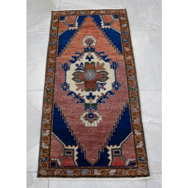 1970s Hand Knotted Turkish Small Rug Decorative Mat for Bathroom - Kitchen and Entryway- 18'' X 39'' For Sale - Image 12 of 14