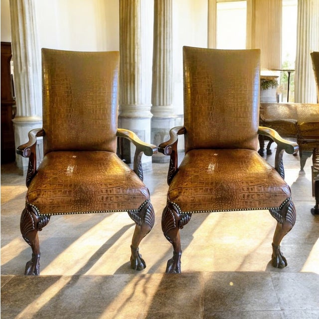 1990s Maitland Smith Alligator Print Leather & Mahogany Chairs For Sale - Image 12 of 12