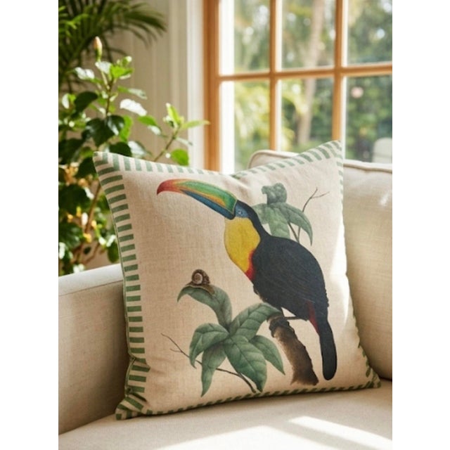 Linen Vintage Linen Toucan & Snail Cushion With Striped Border For Sale - Image 8 of 12