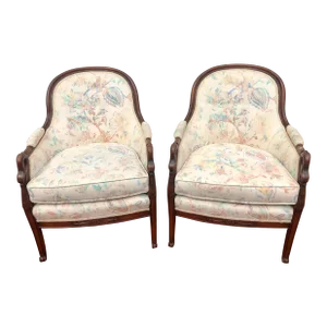 Swan Neck Carved and Floral Upholstered Bergere Chairs