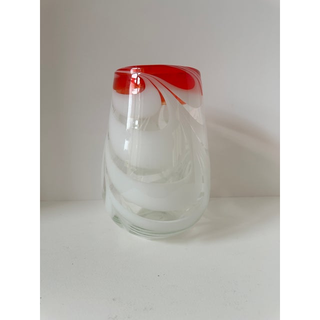 Mid-Century Modern Vintage Hand-Blown Italian Art Glass Vase, Red & White Swirl For Sale - Image 3 of 9